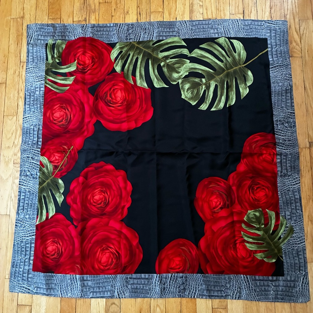 Echo 100% Silk Black & Red Roses Large Square Scarf